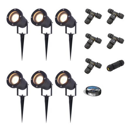 Set van 6 Sydney LED prikspots - Dimbaar - Kantelbaar - GU10 4 Watt 345 lumen - 2700K warm wit - IP65 Waterdicht - Zwart - Inclusief installatiemateriaal (Kabel & connector) | HOFTRONIC