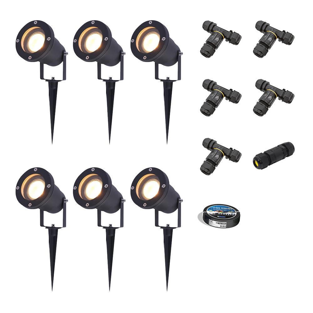 Set van 6 Sydney LED prikspots - Dimbaar - Kantelbaar - GU10 4 Watt 345 lumen - 2700K warm wit - IP65 Waterdicht - Zwart - Inclusief installatiemateriaal (Kabel & connector) | HOFTRONIC