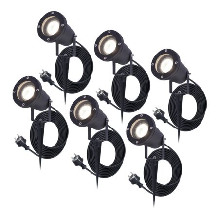 Set van 6 Sydney LED prikspots - GU10 4 Watt 345 Lumen - Dimbaar - Kantelbaar - 4000K neutraal wit - IP64 Waterdicht - 1.5m kabel met EU-stekker - Zwart | HOFTRONIC