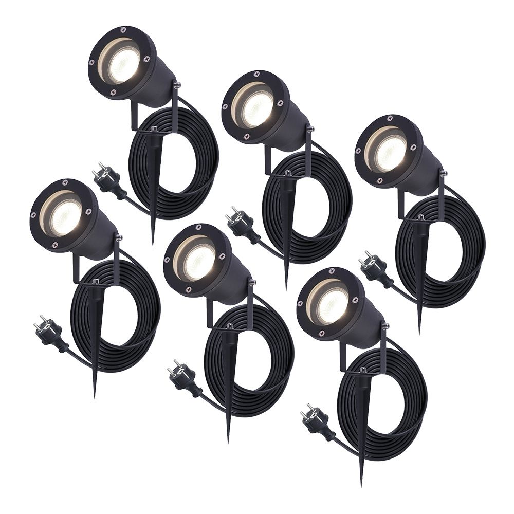 Set van 6 Sydney LED prikspots - GU10 4 Watt 345 Lumen - Dimbaar - Kantelbaar - 4000K neutraal wit - IP64 Waterdicht - 1.5m kabel met EU-stekker - Zwart | HOFTRONIC