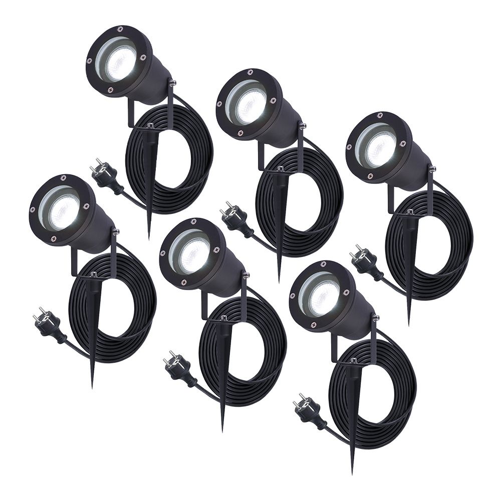 Set van 6 Sydney LED prikspots - GU10 4 Watt 345 Lumen - Dimbaar - Kantelbaar - 6500K daglicht wit - IP64 Waterdicht - 1.5m kabel met EU-stekker - Zwart | HOFTRONIC