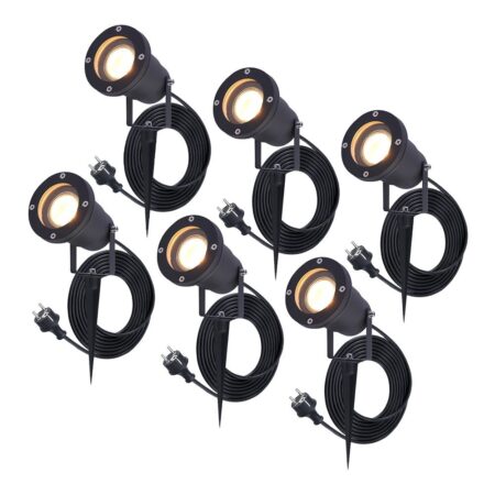 Set van 6 Sydney LED prikspots - GU10 4 Watt 345 lumen - Dimbaar - Kantelbaar - 2700K warm wit - IP65 Waterdicht - 1.5m kabel met EU-stekker - Zwart | HOFTRONIC