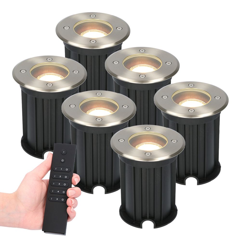 Set van 6 dimbare LED grondspot Maisy - rond - RVS - 4 Watt 345 lumen - 2700K warm wit - IP65 Waterdicht - Incl. dimmer met afstandsbediening | HOFTRONIC