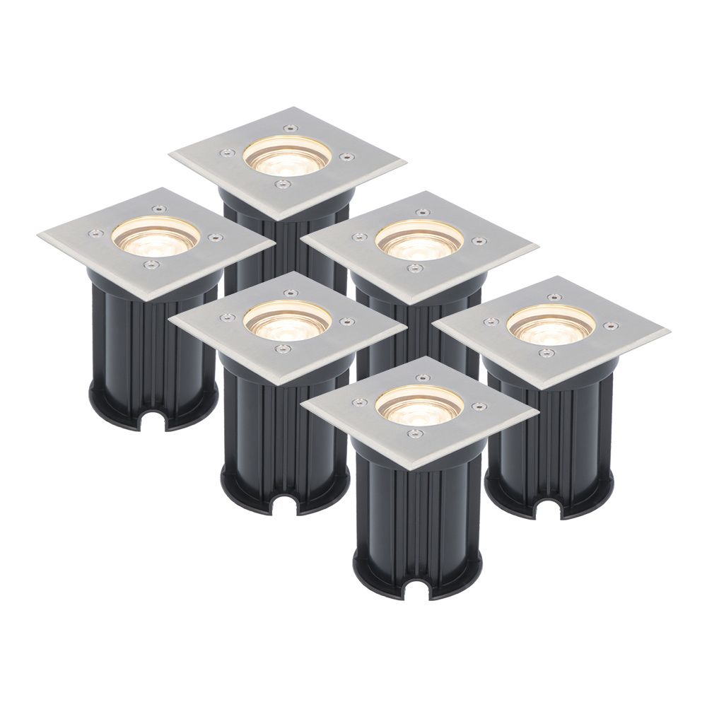 Set van 6 grondspots - RVS - vierkant - 2700K warm wit - GU10 fitting - IP65 Waterdicht - 3 jaar garantie - dimbaar - tuinverlichting | HOFTRONIC