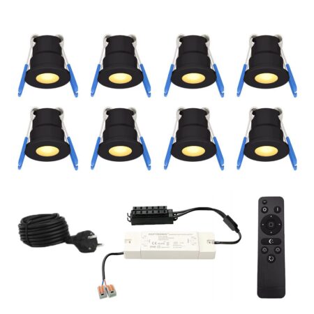 Set van 8 12V 3W - Mini LED Inbouwspot - Zwart - Dimbaar - Verzonken - Verandaverlichting - IP65 voor buiten - 2700K - Warm wit | HOFTRONIC