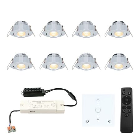 Set van 8 Granada LED Mini Inbouwspots met trafo en muurdimmer - 12 Volt 3 Watt 200 lumen - Dimbaar - Kantelbaar - Plat 35mm - 2700K - IP44 - RVS | HOFTRONIC