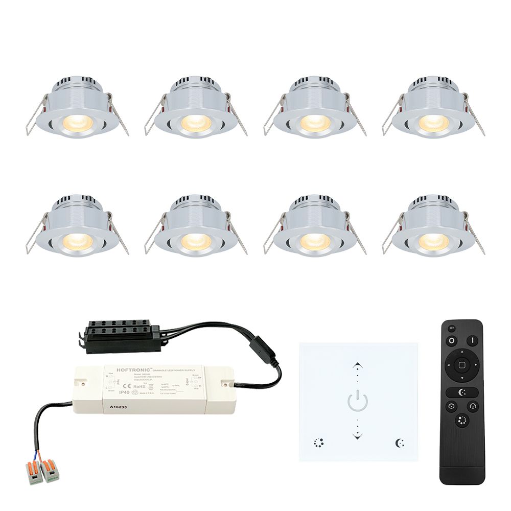 Set van 8 Granada LED Mini Inbouwspots met trafo en muurdimmer - 12 Volt 3 Watt 200 lumen - Dimbaar - Kantelbaar - Plat 35mm - 2700K - IP44 - RVS | HOFTRONIC