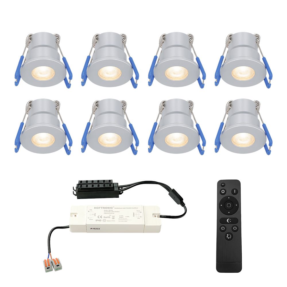 Set van 8 Milano LED Mini Inbouwspots met trafo - 12 Volt 3 Watt 200 lumen - Dimbaar - Plat 34mm - 2700K - IP65 waterdicht - Grijs - Veranda Spotjes - Overkapping Spotjes | HOFTRONIC