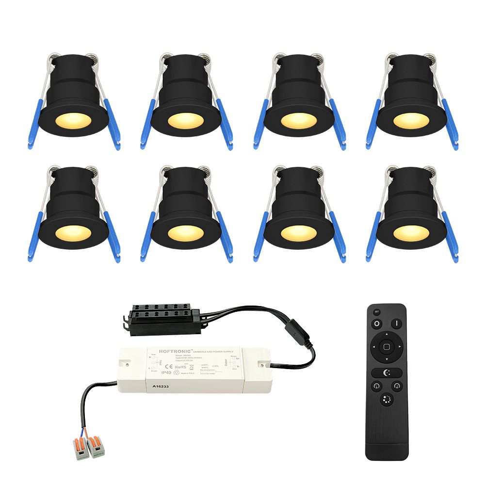 Set van 8 Milano LED Mini Inbouwspots met trafo - 12 Volt 3 Watt 200 lumen - Dimbaar - Plat 34mm - 2700K - IP65 waterdicht - Zwart - Veranda Spotjes - Overkapping Spotjes | HOFTRONIC