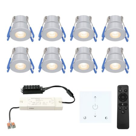 Set van 8 Milano LED Mini Inbouwspots met trafo en muurdimmer - 12 Volt 3 Watt 200 lumen - Dimbaar - Plat 34mm - 2700K - IP65 waterdicht - Grijs | HOFTRONIC