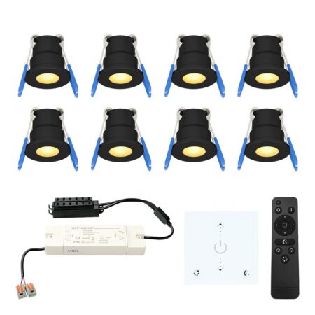 Set van 8 Milano LED Mini Inbouwspots met trafo en muurdimmer - 12 Volt 3 Watt 200 lumen - Dimbaar - Plat 34mm - 2700K - IP65 waterdicht - Zwart | HOFTRONIC