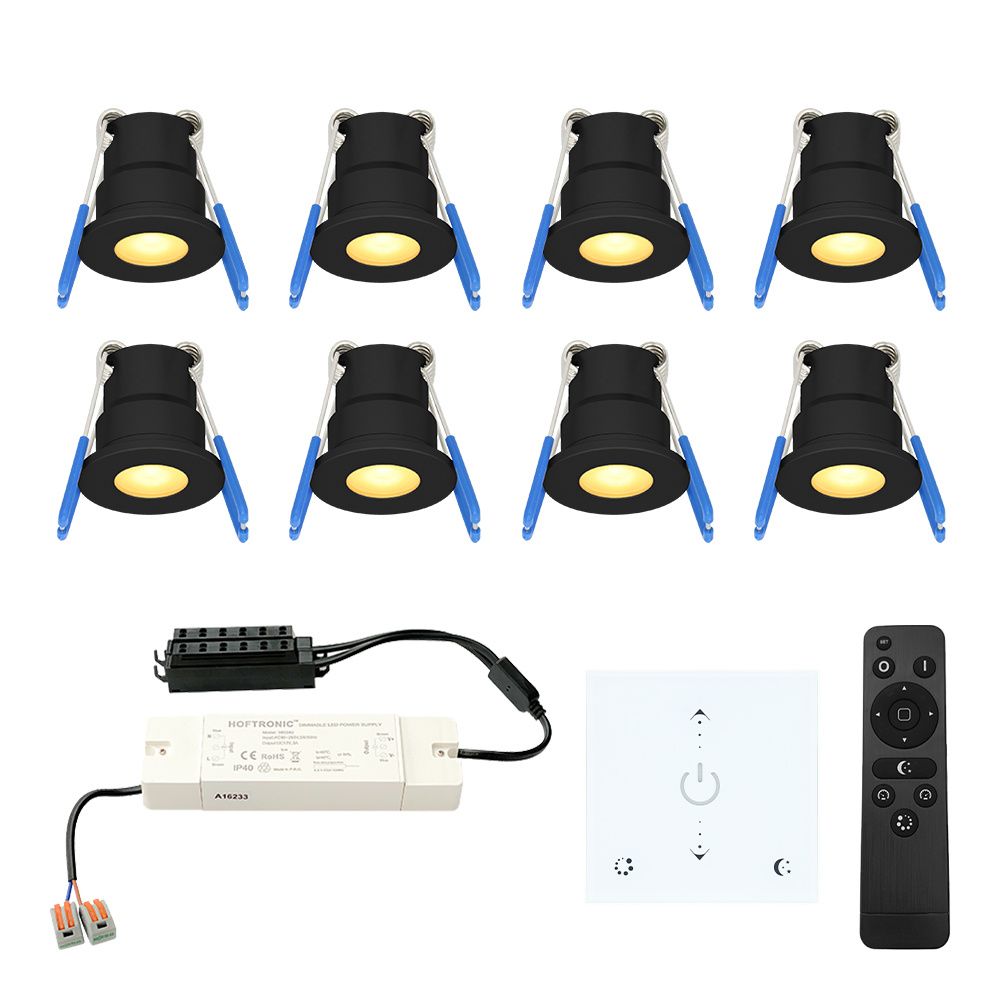 Set van 8 Milano LED Mini Inbouwspots met trafo en muurdimmer - 12 Volt 3 Watt 200 lumen - Dimbaar - Plat 34mm - 2700K - IP65 waterdicht - Zwart | HOFTRONIC