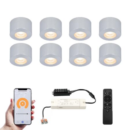 Set van 8 Navarra Smart LED Mini opbouwspots - Veranda spots - 12V 3W 200lm - Dimbaar - Wifi & Bluetooth - 2700K - IP44 waterdicht - RVS | HOFTRONIC