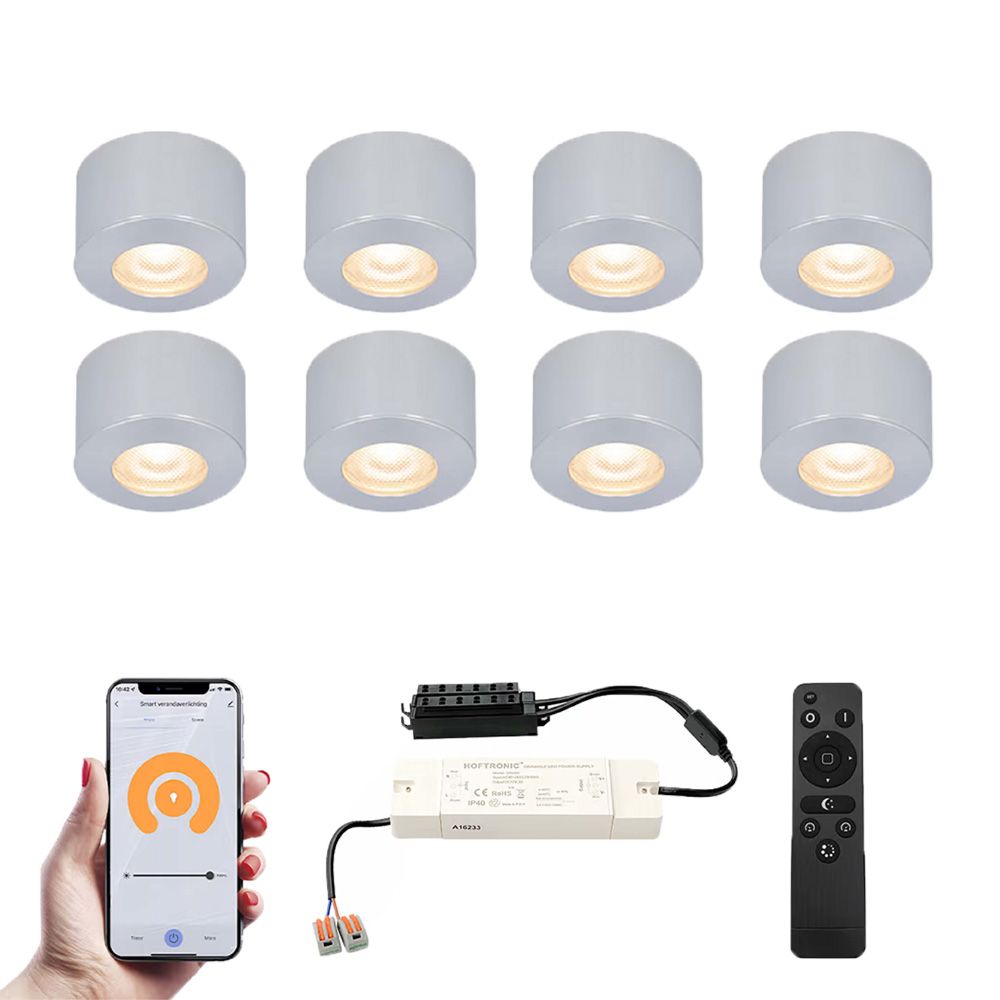 Set van 8 Navarra Smart LED Mini opbouwspots - Veranda spots - 12V 3W 200lm - Dimbaar - Wifi & Bluetooth - 2700K - IP44 waterdicht - RVS | HOFTRONIC