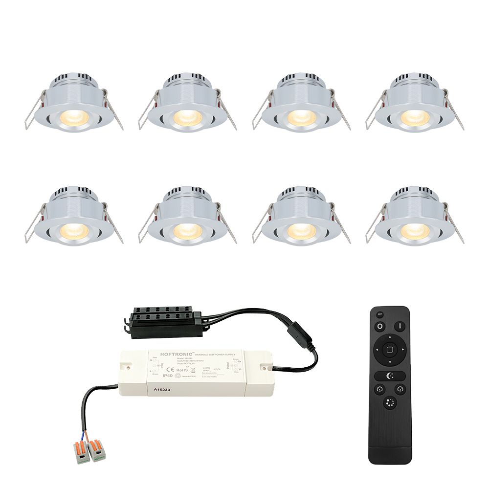 Set van 8 Sienna LED Mini Inbouwspots met trafo - 12 Volt 3 Watt 200 lumen - Dimbaar - Kantelbaar - Plat 30mm - 2700K - IP44 waterdicht - RVS | HOFTRONIC