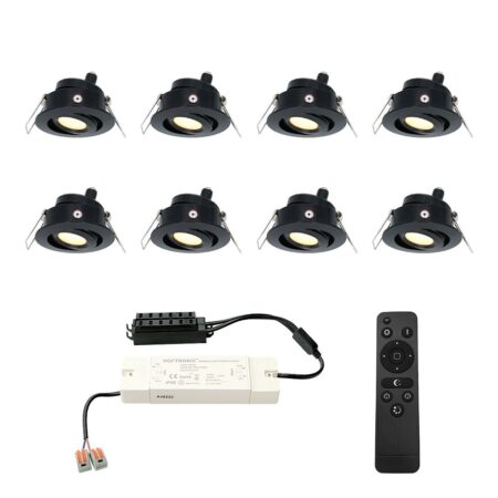 Set van 8 Sienna LED Mini Inbouwspots met trafo - 12 Volt 3 Watt 200 lumen - Dimbaar - Kantelbaar - Plat 30mm - 2700K - IP44 waterdicht - Zwart | HOFTRONIC