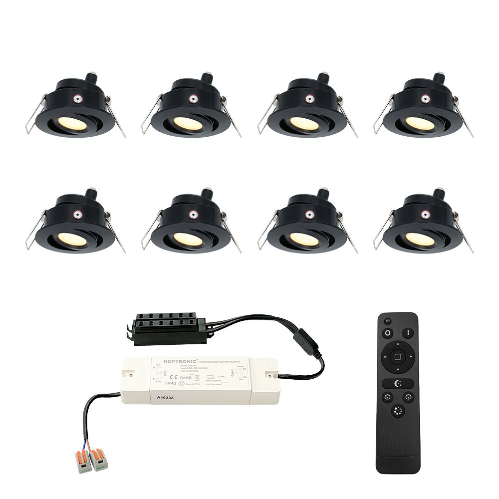 Set van 8 Sienna LED Mini Inbouwspots met trafo - 12 Volt 3 Watt 200 lumen - Dimbaar - Kantelbaar - Plat 30mm - 2700K - IP44 waterdicht - Zwart | HOFTRONIC