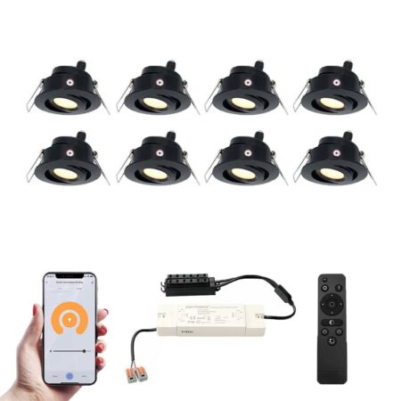 Set van 8 Sienna Smart LED Mini Inbouwspots - Veranda spots - 12V 3W 200lm - Dimbaar - Kantelbaar - Wifi & Bluetooth - 2700K - IP44 - Zwart | HOFTRONIC