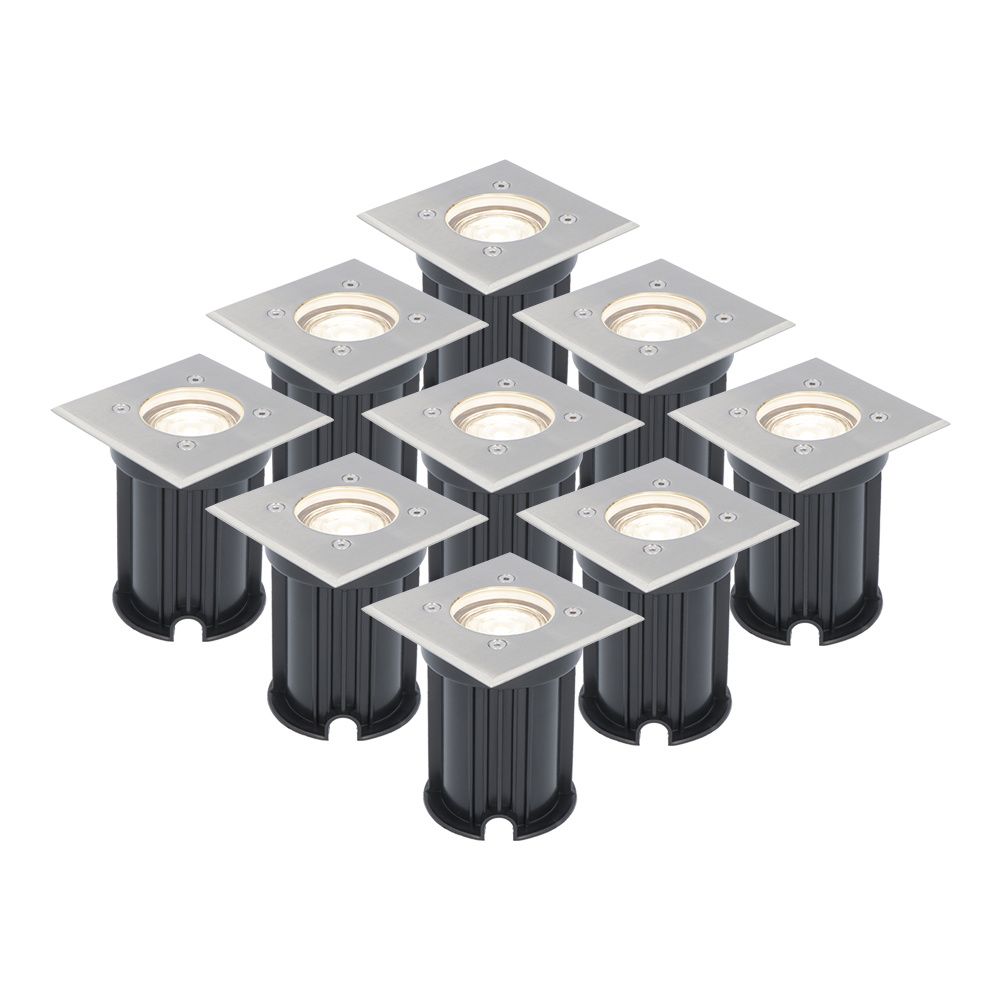 Set van 9 LED Grondspots vierkant buiten - Dimbaar - GU10 - 4000K neutraal wit - 4 Watt 345 Lumen - Tuinspot - Oprit - RVS - IP64 Waterdicht | HOFTRONIC