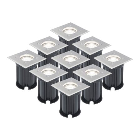 Set van 9 LED Grondspots vierkant buiten - Dimbaar - GU10 - 6500K daglicht wit - 4 Watt 345 Lumen - Tuinspot - Oprit - RVS - IP64 Waterdicht | HOFTRONIC