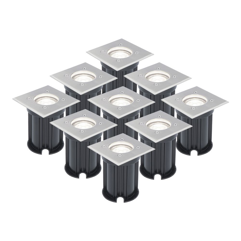 Set van 9 LED Grondspots vierkant buiten - Dimbaar - GU10 - 6500K daglicht wit - 4 Watt 345 Lumen - Tuinspot - Oprit - RVS - IP64 Waterdicht | HOFTRONIC