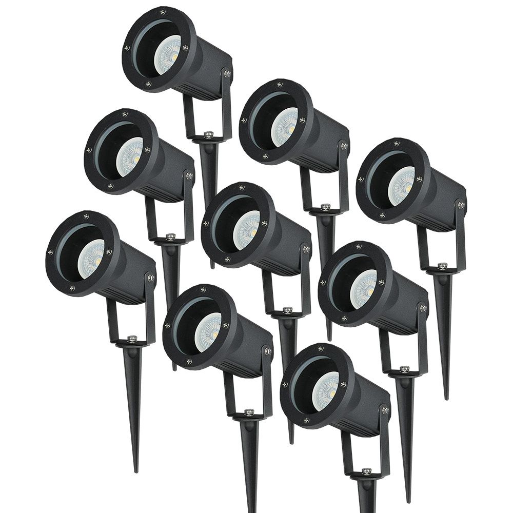 Set van 9 LED prikspots - Dimbaar - Kantelbaar - 4000K neutraal wit - 4 Watt 345 Lumen - IP65 - Waterdicht - Zwart - Tuinspot - tuinverlichting - padverlichting | HOFTRONIC