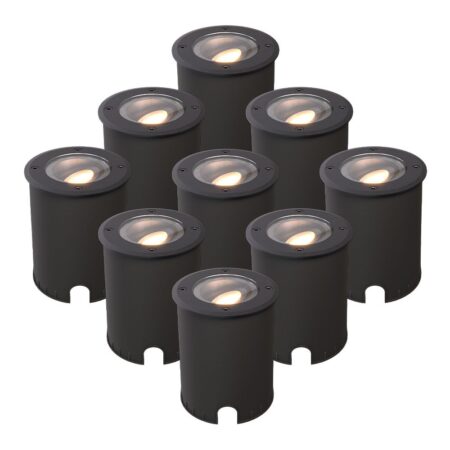 Set van 9 Lilly dimbare LED Grondspot - Kantelbaar - Overrijdbaar - Rond - 2700K warm wit - IP67 waterdicht - 3 jaar garantie - Zwart | HOFTRONIC