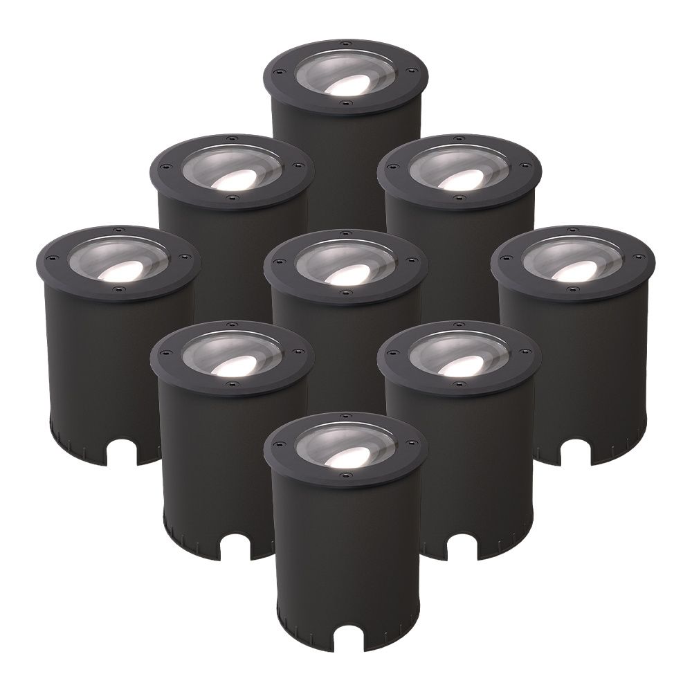 Set van 9 Lilly dimbare LED Grondspot - Kantelbaar - Overrijdbaar - Rond - 6500K daglicht wit - IP67 waterdicht - 3 jaar garantie - Zwart | HOFTRONIC