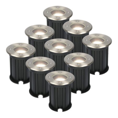 Set van 9 Maisy LED Grondspot - Dimbaar - Rond - Ø12cm - GU10 - 4 Watt 345 Lumen - 4000K neutraal wit - RVS - IP67 waterdicht - Tuinspot - Oprit | HOFTRONIC