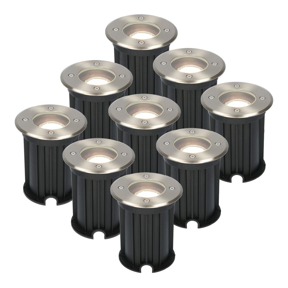 Set van 9 Maisy LED Grondspot - Dimbaar - Rond - Ø12cm - GU10 - 4 Watt 345 Lumen - 4000K neutraal wit - RVS - IP67 waterdicht - Tuinspot - Oprit | HOFTRONIC