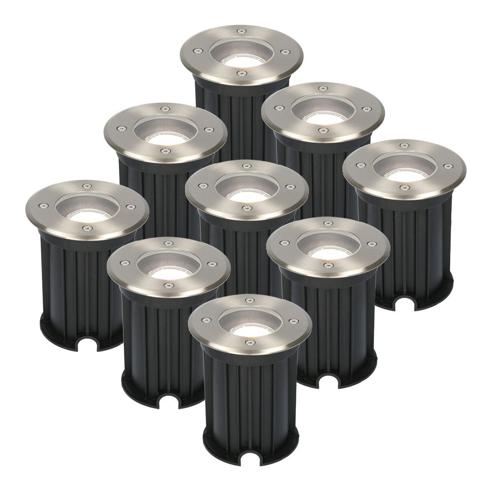 Set van 9 Maisy LED Grondspot - Dimbaar - Rond - Ø12cm - GU10 - 4 Watt 345 Lumen - 6500K daglicht wit - RVS - IP67 waterdicht - Tuinspot - Oprit | HOFTRONIC