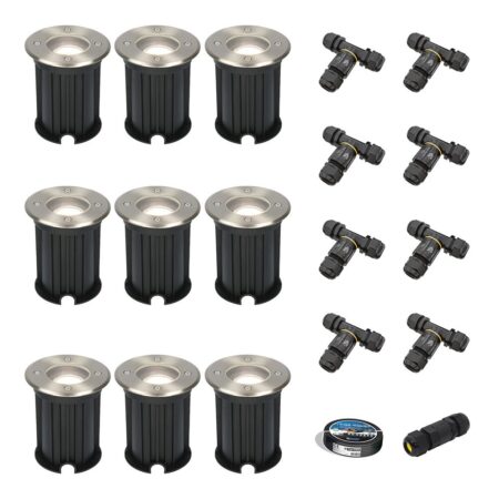 Set van 9 Maisy LED Grondspot - Dimbaar - Rond - Ø12cm - GU10 - 4 Watt 345 Lumen - 6500K daglicht wit - RVS - IP67 waterdicht - Tuinspot - Oprit - Inclusief installatiemateriaal (Kabel & connector) | HOFTRONIC