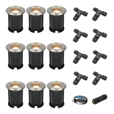 Set van 9 Maisy LED Grondspots Rond - Dimbaar - GU10 - 2700K warm wit - 4 Watt 345 lumen - Rond - Ø12cm - Tuinspot - Oprit - RVS - IP67 - Inclusief installatiemateriaal (Kabel & connector) | HOFTRONIC