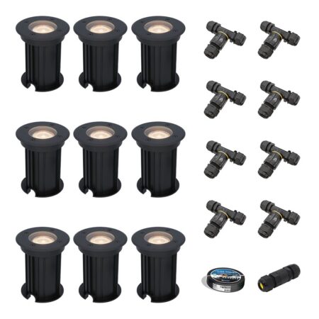 Set van 9 Maisy LED Grondspots Rond - Dimbaar - GU10 - 2700K warm wit - 4 Watt 345 lumen - Rond - Ø12cm - Tuinspot - Oprit - Zwart - IP67 - Inclusief installatiemateriaal (Kabel & connector) | HOFTRONIC