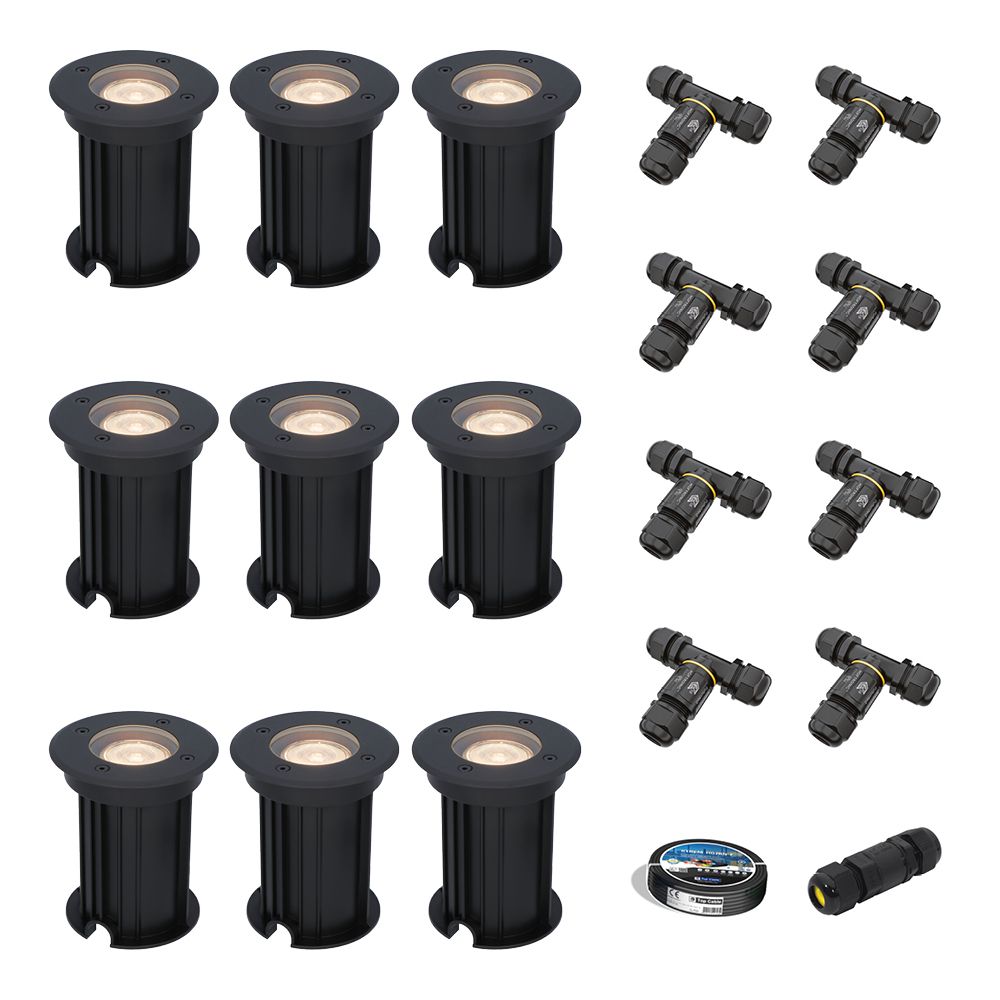 Set van 9 Maisy LED Grondspots Rond - Dimbaar - GU10 - 2700K warm wit - 4 Watt 345 lumen - Rond - Ø12cm - Tuinspot - Oprit - Zwart - IP67 - Inclusief installatiemateriaal (Kabel & connector) | HOFTRONIC