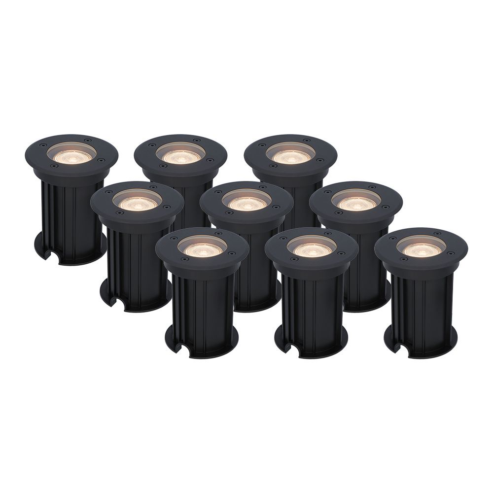 Set van 9 Maisy LED Grondspots Rond - Dimbaar - GU10 - 2700K warm wit - 4 Watt 345 lumen - Rond - Ø12cm - Tuinspot - Oprit - Zwart - IP67 waterdicht | HOFTRONIC