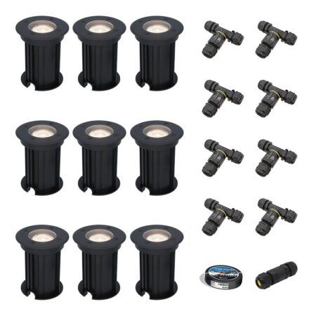 Set van 9 Maisy LED Grondspots Rond - Dimbaar - GU10 - 4000K neutraal wit - 4 Watt 345 Lumen - Rond - Ø12cm - Tuinspot - Oprit - Zwart - IP67 - Inclusief installatiemateriaal (Kabel & connector) | HOFTRONIC