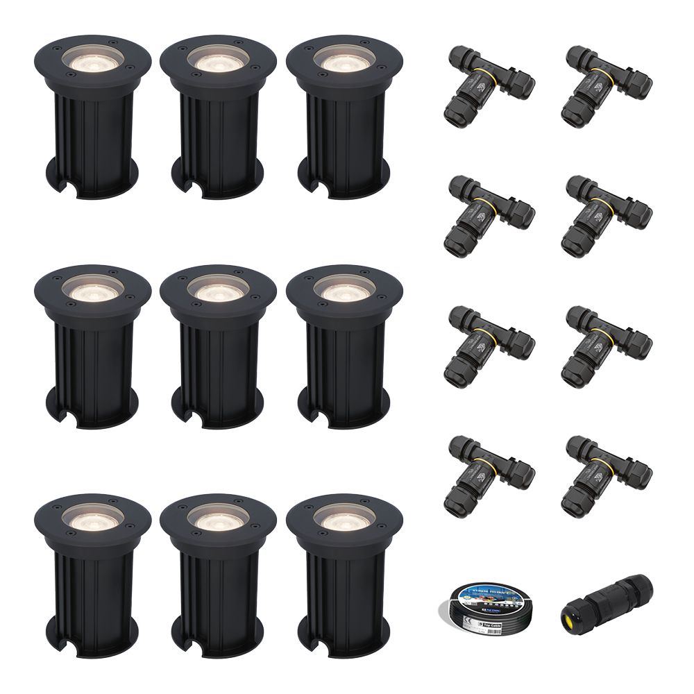 Set van 9 Maisy LED Grondspots Rond - Dimbaar - GU10 - 4000K neutraal wit - 4 Watt 345 Lumen - Rond - Ø12cm - Tuinspot - Oprit - Zwart - IP67 - Inclusief installatiemateriaal (Kabel & connector) | HOFTRONIC