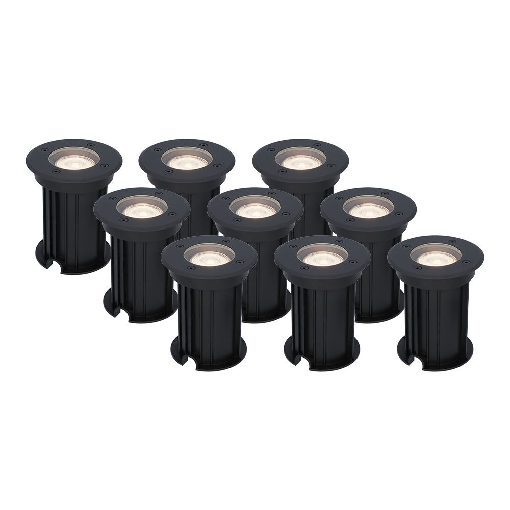Set van 9 Maisy LED Grondspots Rond - Dimbaar - GU10 - 4000K neutraal wit - 4 Watt 345 Lumen - Rond - Ø12cm - Tuinspot - Oprit - Zwart - IP67 waterdicht | HOFTRONIC