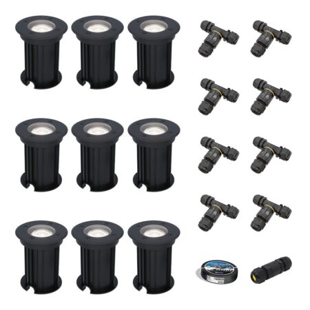 Set van 9 Maisy LED Grondspots Rond - Dimbaar - GU10 - 6500K daglicht wit - 4 Watt 345 Lumen - Rond - Ø12cm - Tuinspot - Oprit - Zwart - IP67 - Inclusief installatiemateriaal (Kabel & connector) | HOFTRONIC