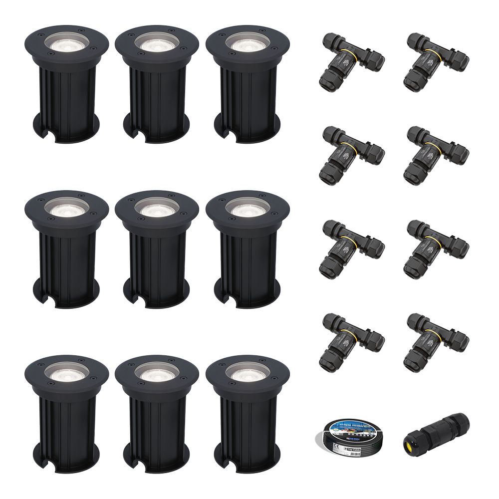 Set van 9 Maisy LED Grondspots Rond - Dimbaar - GU10 - 6500K daglicht wit - 4 Watt 345 Lumen - Rond - Ø12cm - Tuinspot - Oprit - Zwart - IP67 - Inclusief installatiemateriaal (Kabel & connector) | HOFTRONIC