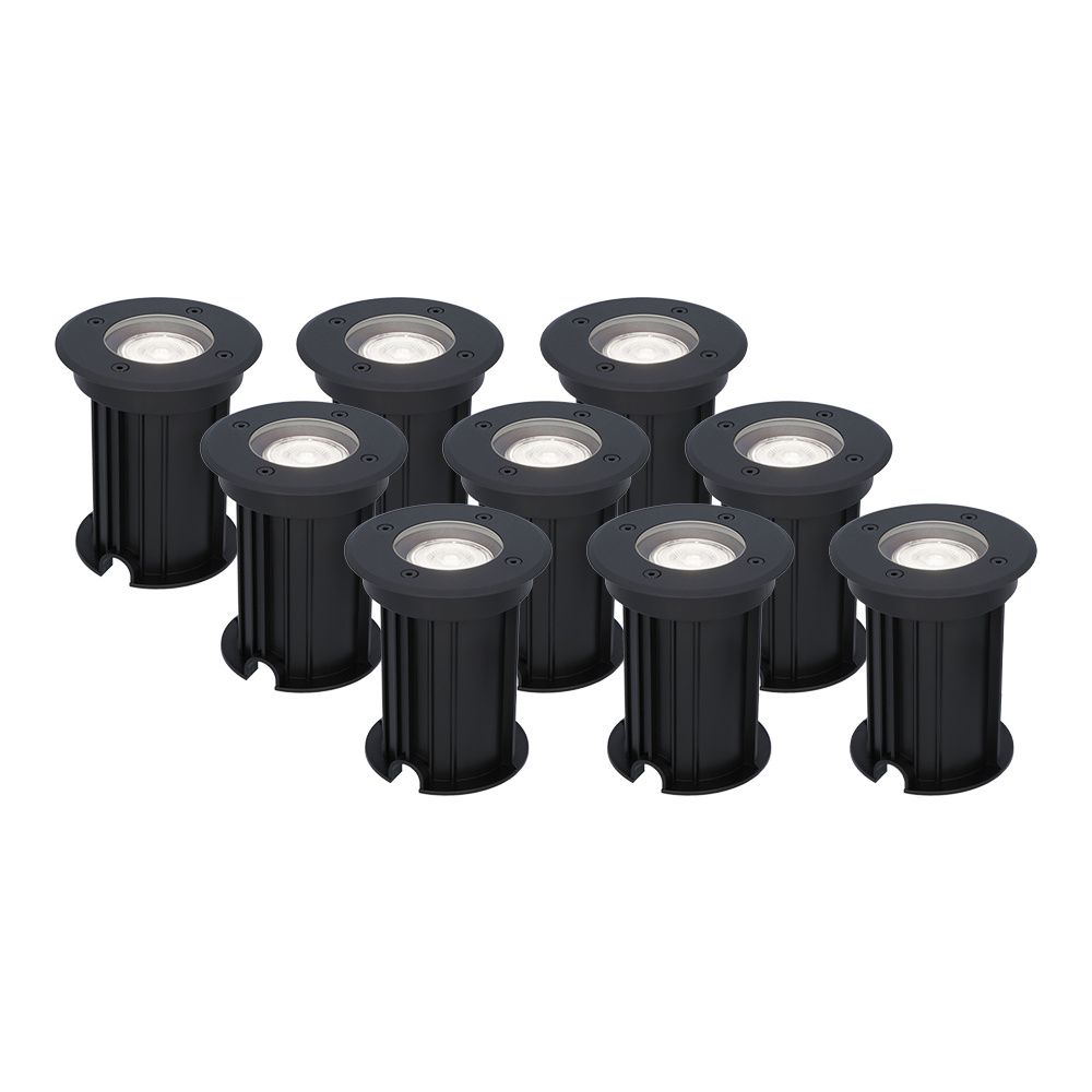 Set van 9 Maisy LED Grondspots Rond - Dimbaar - GU10 - 6500K daglicht wit - 4 Watt 345 Lumen - Rond - Ø12cm - Tuinspot - Oprit - Zwart - IP67 waterdicht | HOFTRONIC