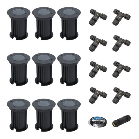 Set van 9 Maisy LED Grondspots Rond - Dimbaar - GU10 fitting - Rond - Ø12cm - Tuinspot - Oprit - Zwart - IP67 - Inclusief installatiemateriaal (Kabel & connector) | HOFTRONIC