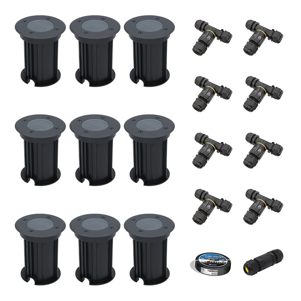 Set van 9 Maisy LED Grondspots Rond - Dimbaar - GU10 fitting - Rond - Ø12cm - Tuinspot - Oprit - Zwart - IP67 - Inclusief installatiemateriaal (Kabel & connector) | HOFTRONIC