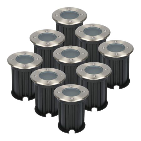Set van 9 Maisy LED Grondspots - Rond - Ø12cm - RVS - GU10 fitting - Excl. lichtbron - IP67 waterdicht - Tuinspot - Oprit | HOFTRONIC