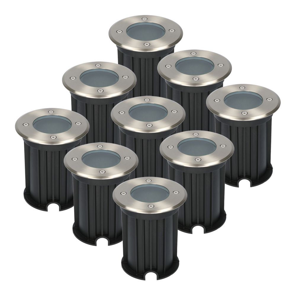 Set van 9 Maisy LED Grondspots - Rond - Ø12cm - RVS - GU10 fitting - Excl. lichtbron - IP67 waterdicht - Tuinspot - Oprit | HOFTRONIC
