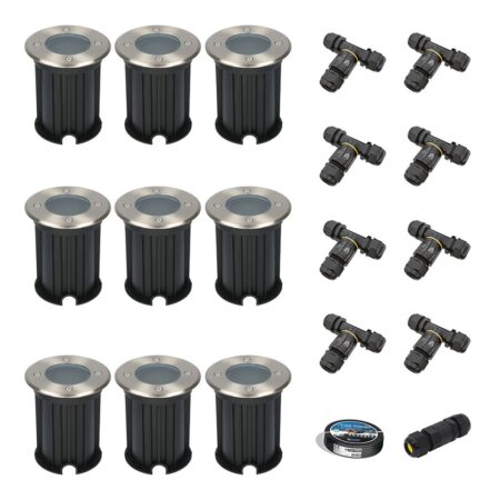 Set van 9 Maisy LED Grondspots - Rond - Ø12cm - RVS - GU10 fitting - Excl. lichtbron - IP67 waterdicht - Tuinspot - Oprit - Inclusief installatiemateriaal (Kabel & connector) | HOFTRONIC