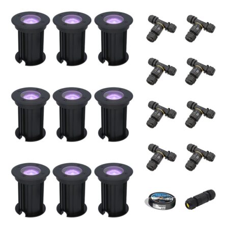 Set van 9 Maisy Smart Grondspots Rond - Ø12cm - 5.5 Watt 400 lumen - RGBWW - Wifi + Bluetooth - Bestuurbaar via app - IP67 - Google Home - Amazon Alexa - Zwart - Inclusief installatiemateriaal (Kabel & connector) | HOFTRONIC SMART