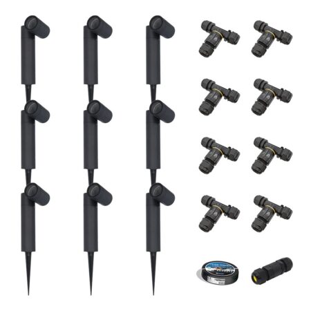 Set van 9 Pinero Dimbare LED prikspot - GU10 - Kantelbaar - Dimbaar - Tuinspot - Pinspot - IP65 Waterdicht - Zwart- Inclusief installatiemateriaal (Kabel & connector) | HOFTRONIC