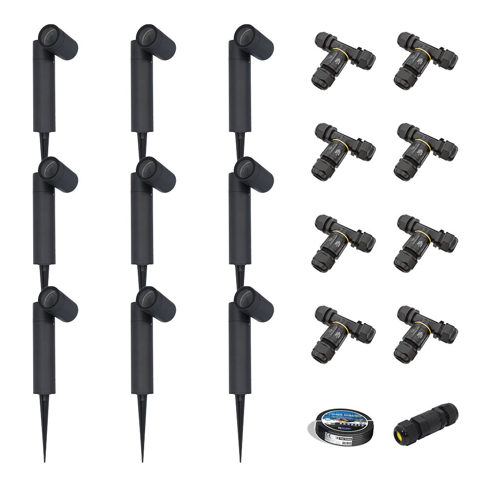 Set van 9 Pinero Dimbare LED prikspot - GU10 - Kantelbaar - Dimbaar - Tuinspot - Pinspot - IP65 Waterdicht - Zwart- Inclusief installatiemateriaal (Kabel & connector) | HOFTRONIC